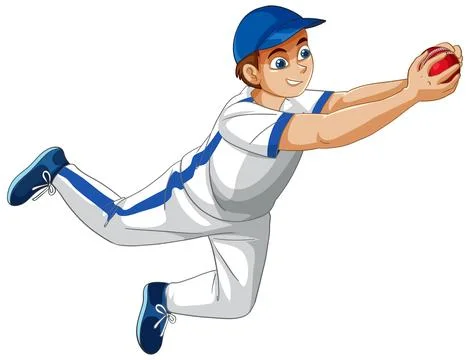 Cricket Player Diving to Catch a Red Ball in Mid-Air Illustration Stock Illustration