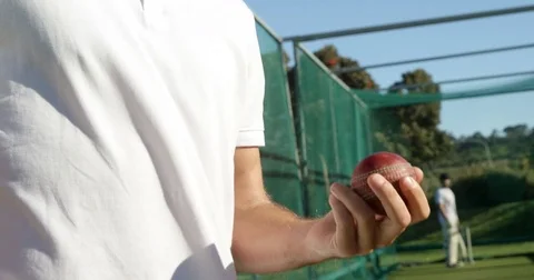 Cricket player holding ball during a practice session Stock-Footage 78637216