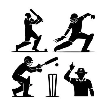 Cricket Player Silhouette Vector Set  Batsman, Fielder, Umpire Stock Illustration
