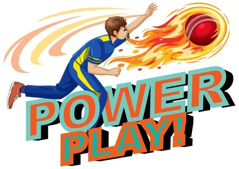 Cricket Player Throwing a Fast Flaming Ball with Power Play Text 库存插图