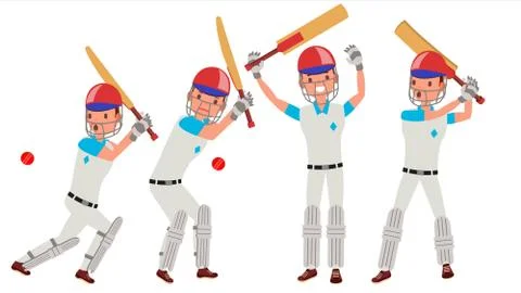 Cricket Player Vector. In Action. Cricket Team Character. Poses. Flat Cartoon Illustrazione stock
