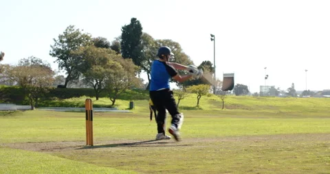 Cricket player walking on field holding bat, enjoying sunny day outdoors 库存影片 297440461