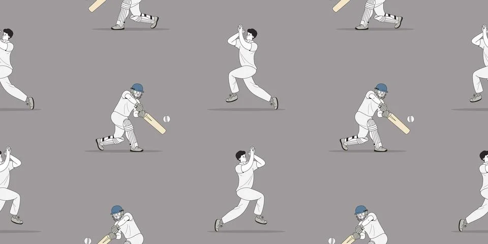 Cricket Players Seamless Pattern. Batsman In Helmet With Bat And White Ball.. Stock Illustration