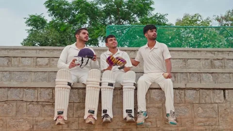 Cricket players sitting in stadium. discusing about the match playing by others. Stock Footage 251644577