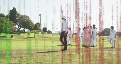 Cricket team huddling on field responding to code overlay while following coach Stock Footage 320204214
