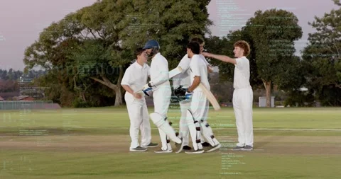 Cricket team walking off after play, greeting with bats, code overlay over Stock Footage 323335271