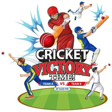 Cricket Victory Time Vector Illustration with Players Batting and Bowling Stock Illustration