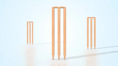 Cricket Wickets on a Light Reflective Floor. Wooden Stumps with Bails 3D. 4K Stock Footage 307343690