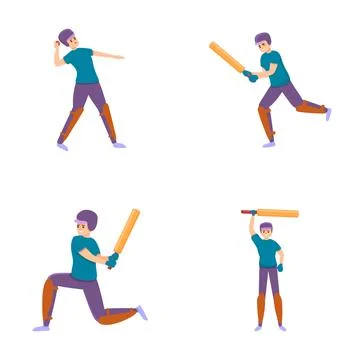 Cricketer icons set cartoon vector. Cricket player with bat and bowler Illustrazione stock