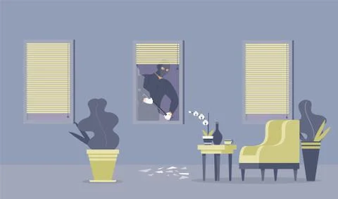 Crime commitment, housebreak flat vector illustration. Dangerous thief with Stock Illustration