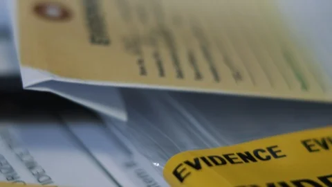Crime Evidence Documents and Packaging Cinematic Slider Shot Stock Footage 121158381