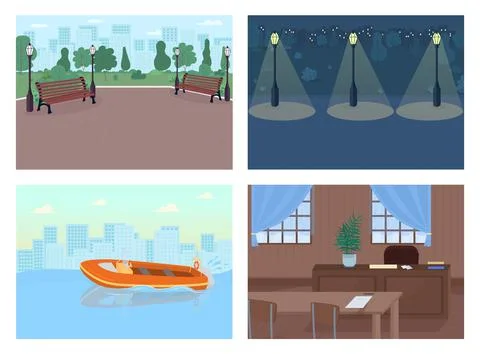 Crime places flat color vector illustration set Stock Illustration