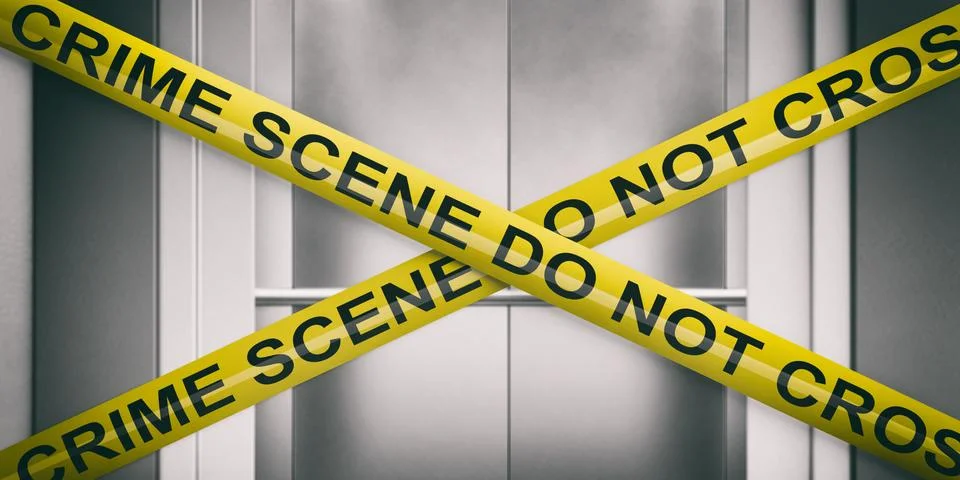 Crime scene, elevator door. Warning yellow tape, text crime scene do not cros Stock Illustration