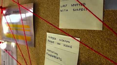 Crime scene evidence board connecting murder investigation clues Stock Footage 343720519