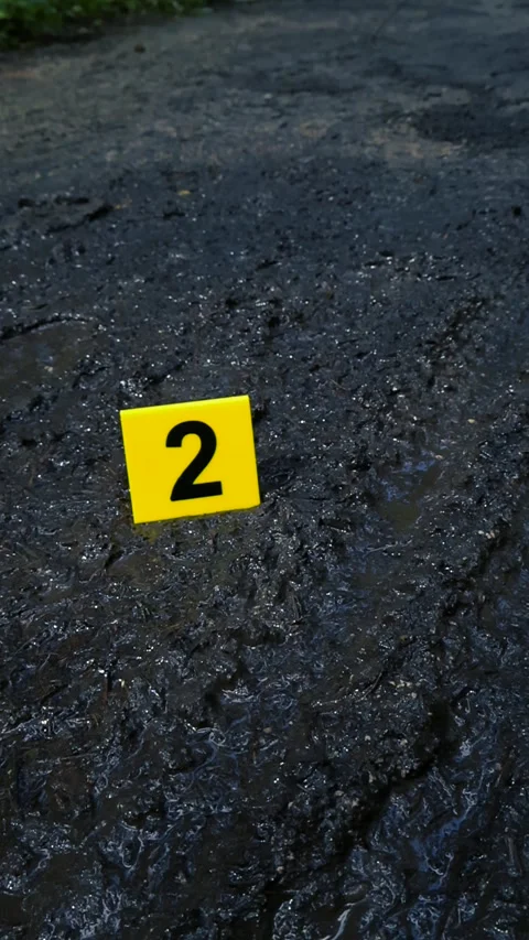 Crime scene evidence marker indicating tire tracks on a muddy road Stock Footage 340145720