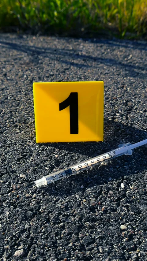 Crime Scene Evidence Marker Next to a Used Syringe on Asphalt, Bokeh Background Stock Footage 338993598