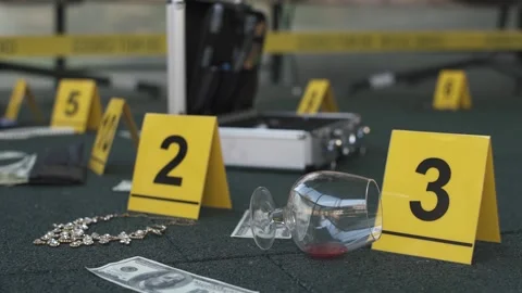 Crime scene of failed robbery of wealthy apartment. Evidence tags, forensic bag. 스톡 동영상 286751799
