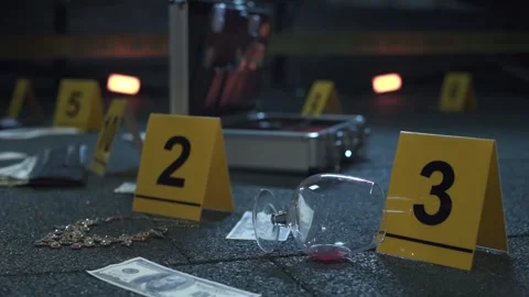 Crime scene of failed robbery of wealthy apartment. Evidence tags, forensic bag. Stock Footage 286752243