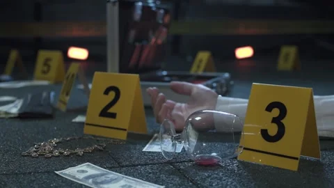 Crime scene of failed robbery of wealthy apartment. Evidence tags, victim's hand 스톡 동영상 286752470