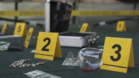 Crime scene of failed robbery of wealthy apartment. Evidence tags, forensic bag. Video stock 286752783