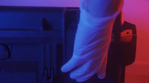 Crime scene forensic expert or scientist open close latch - equipment hard case Stock Footage 131898286