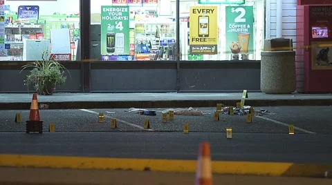 Crime Scene Of Gang Violence Outside Of Store After A Shooting Stock Footage