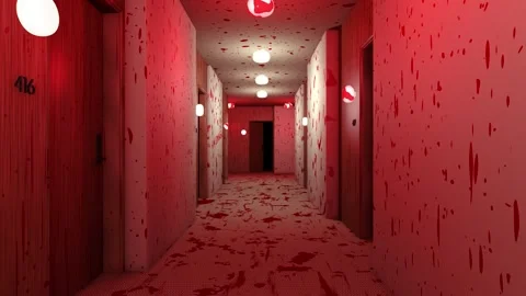 Crime scene glimpse. Camera passing by a bloody hotel corridor Stock Footage 305886647