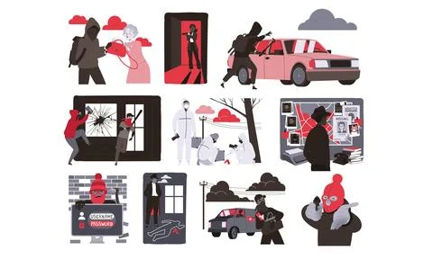 Crime Scene Illustrations Featuring a Bold and Vibrant Color Palette for Visual Ilustración de archivo