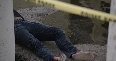 Crime Scene LA River Body Legs Pillar in Foreground Medium Wide Shot 02 Stock Footage 90876366