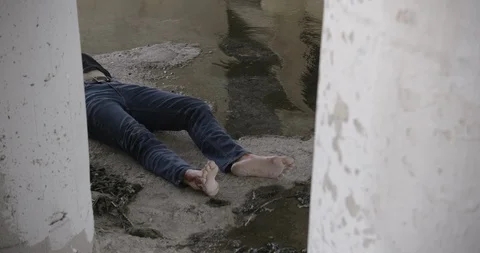 Crime Scene LA River Under Bridge Last Breath Dying WideShot Stock Footage 90876382