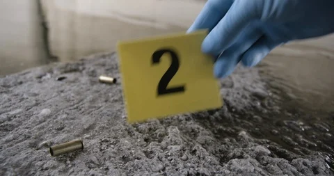 Crime Scene LA River Water Bullet Shells Evidence Marker 03 Stock Footage 90876596
