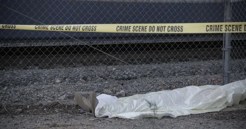 Crime Scene Los Angeles Body Covered OD Train Passes Crime Tape Medium Wide Shot Stock Footage 90910853