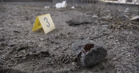 Crime Scene Los Angeles Train Tracks Bloody Rock Evidence Markers CSI 01 Stock Footage 90876153