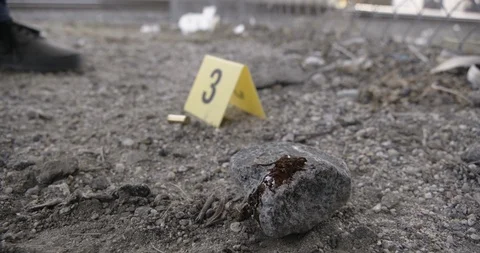 Crime Scene Los Angeles Train Tracks Bloody Rock Evidence Markers Shells CSI 03 Stock Footage 90876175