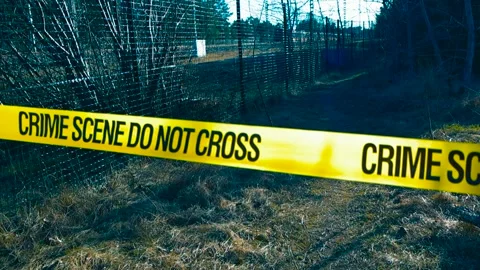 Crime Scene Tape Blocking Off a Rural Wooded Area Stock Footage 336651844
