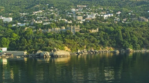 Crimea. Aerial view of Vorontsov Palace from the seacoast. It is one of the main Video stock 93748341