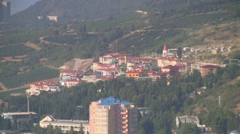 CRIMEA. APRIL 2011: A group of summer cottage from above Stock Footage 49629522
