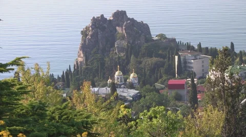 CRIMEA. APRIL 2011: View on the rock and church from above Stock Footage 49629549