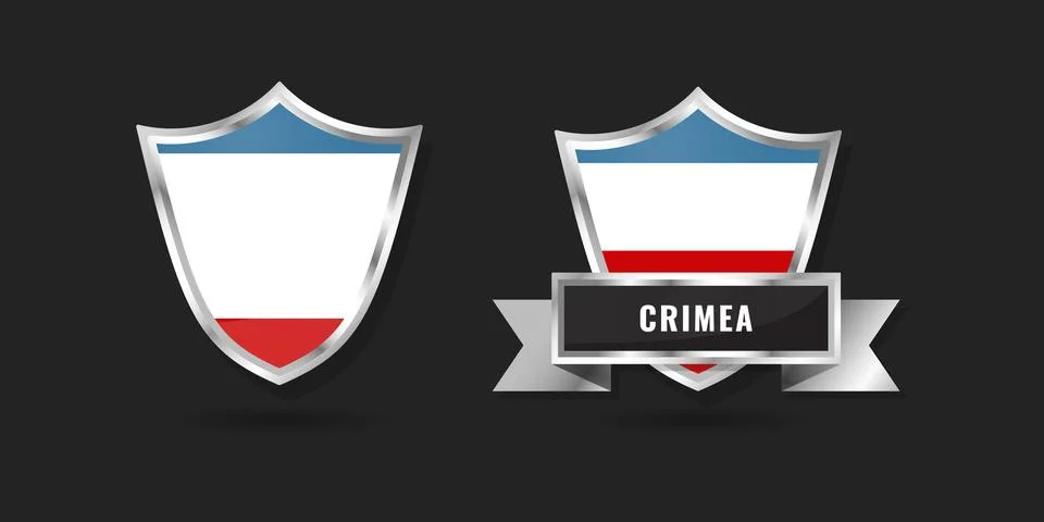 Crimea Flag Shield Badge with Silver Ribbon and Metallic Frame Vector Illus.. Stock Illustration