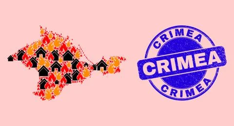 Crimea Map Collage of Flame and Houses and Distress Crimea Seal Ilustración de archivo