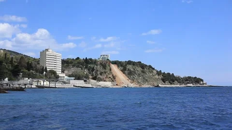 CRIMEA. MAY 2011: Hotel standing on the coast of the Black sea in Mishor town Stock Footage 49632900