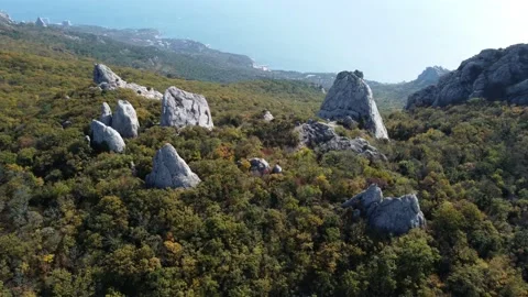 Crimea, mountainous terrain, Mount Alias Kaya, aerial view Stock Footage 226207578
