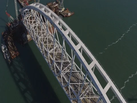 Crimean Bridge 1 arc close up flyover side to side Stock Footage 81141596