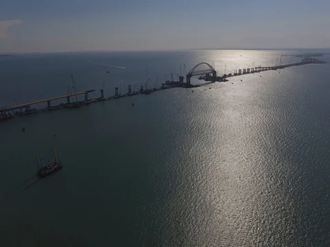 Crimean Bridge wide-angle view during approaching with elevation, 4K D-LOG Stock Footage 81141512
