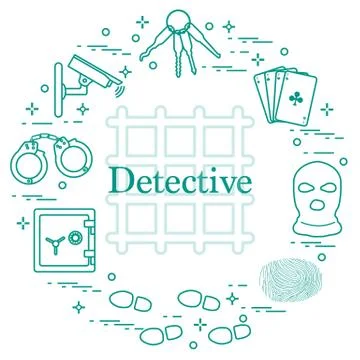 Criminal and detective elements. Crime, law and justice vector icons. Stock Illustration