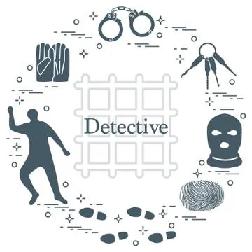 Criminal and detective elements. Crime, law and justice vector icons. Stock Illustration
