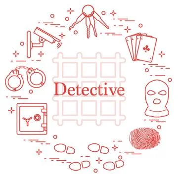 Criminal and detective elements. Crime, law and justice vector icons. Stock Illustration