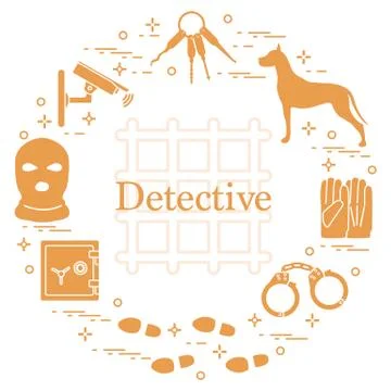 Criminal and detective elements. Crime, law and justice vector icons. Stock Illustration