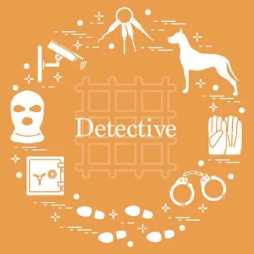 Criminal and detective elements. Crime, law and justice vector icons. Stock Illustration