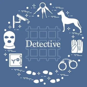 Criminal and detective elements. Crime, law and justice vector icons. Stock Illustration